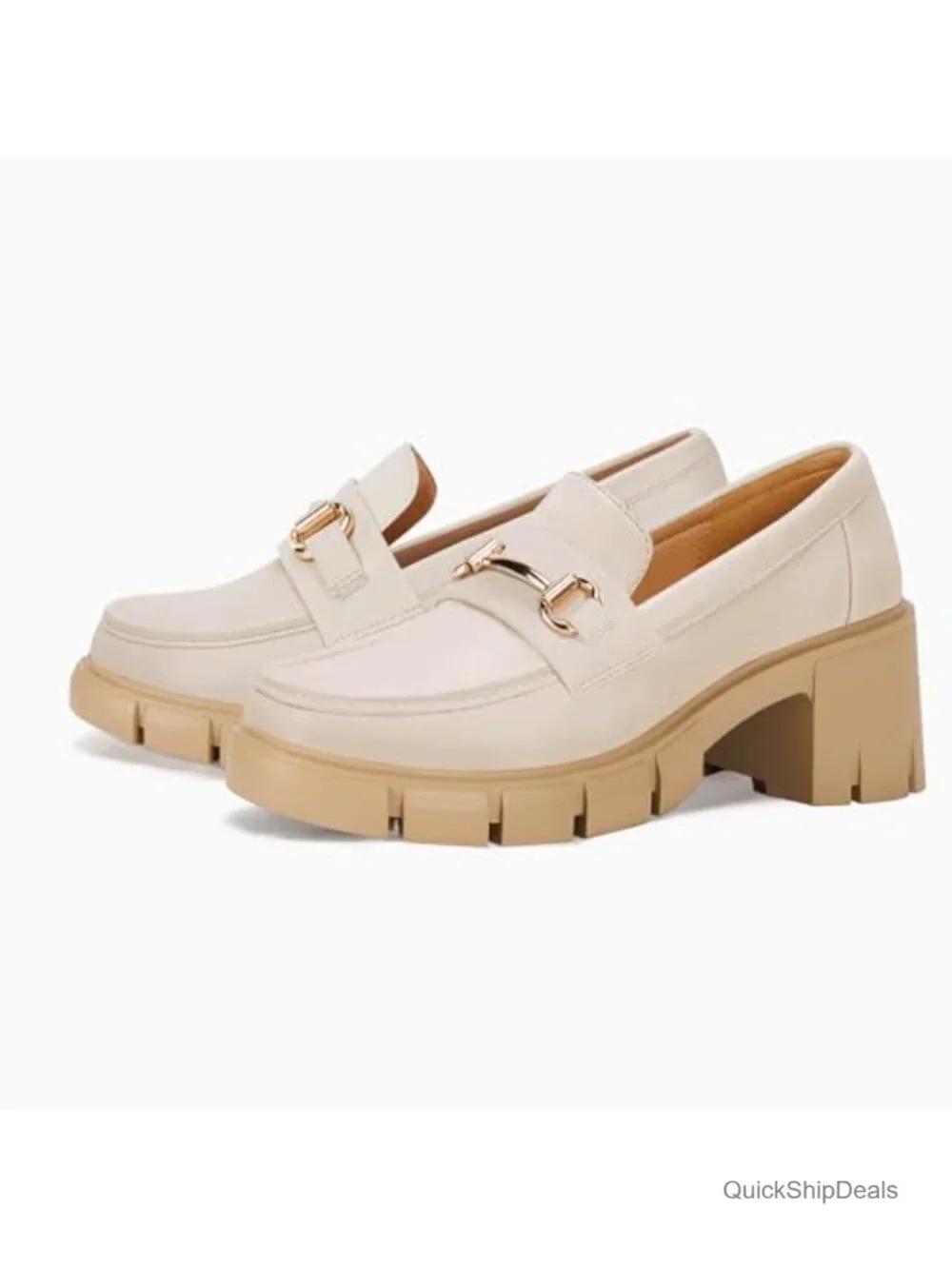 Women's Chunky Platform Lug Sole Loafers Mid Heel Square Toe Work Shoes with